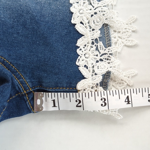 Distressed Embroidered Floral Jean Short Overalls M Blue Y2K Shortalls - Picture 14 of 14